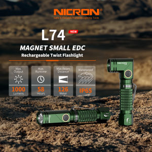 Nicron Flashlight L74 (Green)/B74pro(Black) EDC Flashlight 1000lumens/126meter/IP65 Waterproof Pocket Flashlight Torch With 14500 & AA dual-fuel Rechargeable Flashlight For Outdoor Camping Hiking Riding Walking Household Christmas Gift(Green/Black)