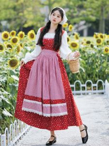 ชุดเดรสลายดอกไม้เล็กๆสไตล์ฝรั่งเศสและชนบทชุดเดรสแนววินเทจออกแบบพิเศษสำหรับฤดูใบไม้ร่วงชุดผ้ากันเปื้อนลายสก๊อตชุดเดรสยาวพร้อมผ้าโพกหัว