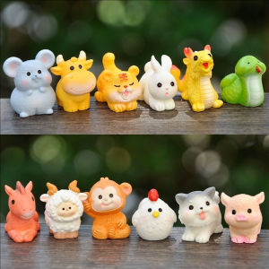 YESPERY 12Pcs/set Chinese Zodiac Figurine Animal Statue Mini Colorful Resin Dragon Snake Statue Cute Micro Landscape Home Decor