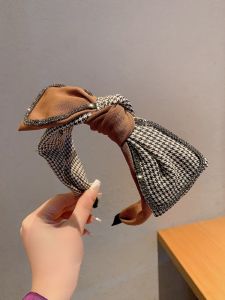 Wide Edge Plaid Fabric Hairband with Large Bow Knot Diamond Embedded Versatile Anti-Aging Stylish Hair Accessories