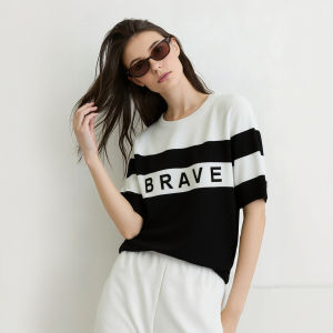 AMII | Casual Round Neck Letter Embroidery Cool Striped Knit Top