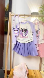 Set váy cho bé gái kèm túi 4-10 tuổi in hình và chữ Kuromi phong cách Hàn Quốc dáng thời trang
