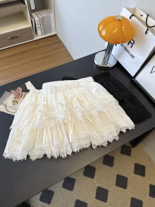 GUZILIAN | French Design Ballet Style Lace Cake Half Skirt Women Summer Small Sweet Flared Short A-Line Skirt High Waist Knitted Fabric