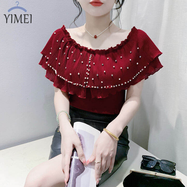 Yimei Yimei เสื้อสีม่วงเต้นรำล้ำสมัยเข้ารูปพอดีใหม่สำหรับฤดูร้อน2024เสื้อยืดผ้าฝ้ายแขนสั้นตัวฝัง 2207