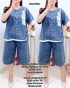 SETELAN 7/8 JEANS RENDA BUNGA SNOW BLUE LD120 WANITA|ONESET WANITA|SETELAN LD120(2350)