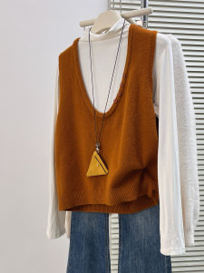 QINGNAER | European Campus Style Fall Winter 2025 Orange U-neck Button Sleeveless Knit Vest