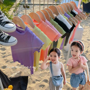 【Local Stock】Girls top ice silk short sleeved T-shirt summer new Korean version childrens fungus edge top versatile half sleeve for baby girls