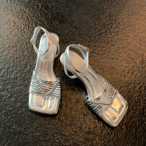 Sheepskin Version High Heel Sandals Women Hollow out Thin Strap Weave Summer Fashionable Leather Slippers Korean Style