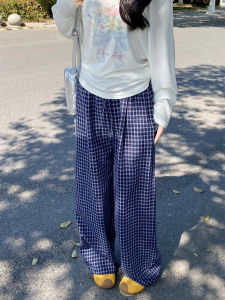 NIANDAIJINGDIAN | Blue Retro Plaid High-Waisted Pants Wide Leg