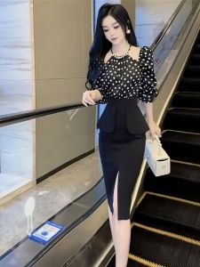 Elegant Polka Dot Shirt And Half Skirt Set Fashionable Early Spring Lightweight Luxury Hanging Neck Unique Chic Two Piece Set