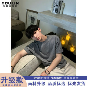 เสื้อยืดคอกลมแขนสั้นผ้าถักสีเทาสไตล์อเมริกันสำหรับผู้ชาย ทรงหลวม ทรงปกติ ทรงสั้น ทรงเข้ารูป เสื้อยืดคอกลม