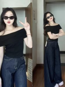 Áo Len Dệt Kim Hở Vai Màu Đen Ngắn Mùa Hè Mới Dành Cho Nữ Cao Cấp Cảm Giác Kiểu Pháp Một Từ Hở Vai Áo Chui Đầu Cổ Chữ V