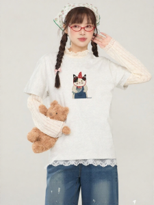Gbiaior | Gray Cat Cartoon Printed Short Sleeve T Shirt Cooling Slim-fit