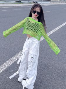 Girls Loose Mesh T-Shirt Hollow out Fishing Net Style Summer New Fashion Korean Version Long Sleeve round Neck Top for Kids