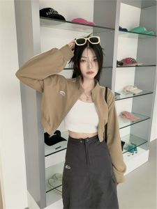 เสื้อแจ็คเก็ตคอตั้งสไตล์อเมริกันสำหรับผู้หญิง ทรงหลวม สีดำ ทรงสั้น ทรงสลิมฟิต เสื้อคาร์ดิแกนสำหรับฤดูใบไม้ร่วง