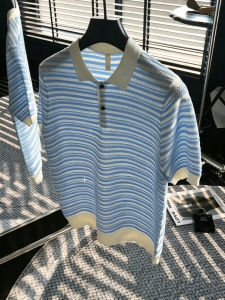 Breathable Lightweight Mens Polo Shirt Blue and White Stripe
