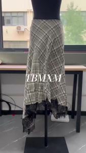 Spring New Check Lace Hem Asymmetric Skirt Women Eelgant A-line Zip-up Midi Skirts Female Vintage Party Skirts 2026 New