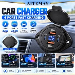 Aitemay 4-Port Car USB Charger PD 32W QC3.0 22.5W Fast Charging 12-24V Voltmeter LED Display Waterproof Flip Cover For Truck Bus RV
