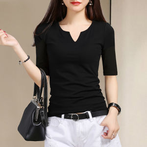 Áo Thun Nữ Tay Giữa Cổ Chữ V Ôm Vừa Vặn Màu Đen Dài Năm Inch Áo Sơ Mi Cơ Bản Mùa Thu Tay Ngắn Thường Ngày