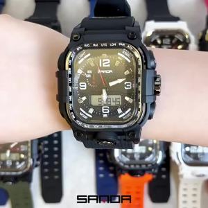 Sanda | SANDA Top Luxury Mens LED Watch Luminous Calendar Week Display Rectangle Electronic Silicone Strap Quartz Mens Wristwatch