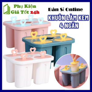 Khuôn Làm Kem 4 Ngăn Có Nắp Đậy Kín Ngăn Mùi Kháng Khuẩn Tiện Dụng - Khay Làm Kem Que  Đổ Thạch  Pudding Hoa Quả Chất Liệu Nhựa PP An Toàn Dễ Sử Dụng