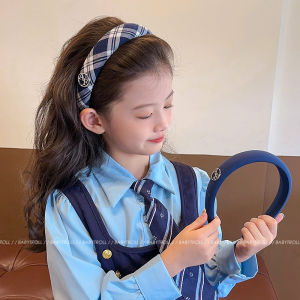 Retro Blue Plaid Hairband Sponge Girls High Forehead Wide Edge Hair Clip College Style Fresh out Fashion Jewelry Accessories