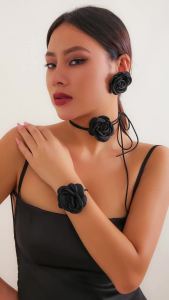 Ingemark | Romantic Kpop Big Rose Flower Clavicle Chain Necklace Bracelet Stud Earrings Women Goth Adjustable Rope Choker Y2K Jewelry Set
