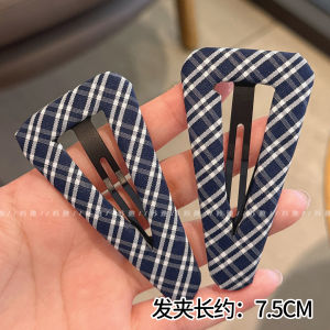 คลิปผมสามเหลี่ยมลายสก็อตสีน้ำเงิน คลิปผมตกแต่งขอบผมสีขาว สไตล์บี เครื่องประดับผมสำหรับผู้หญิง