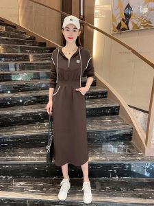 Fashionable Hooded Drawstring Casual Skirt Womens A-Line Midi Dress Slimming Waist High Waist Long Sleeve Spring Autumn