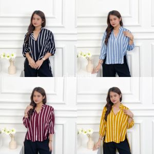 Sienna Top Baju Blouse Wanita Motif Salur Atasan Lengan Panjang Rayon Korean Style Kekinian Terbaru Ootd by Clashe