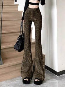 กางเกงยีนส์ทรงหลวมเอวสูงลายเสือดาวสไตล์ย้อนยุคสไตล์อเมริกันสำหรับผู้หญิง กางเกงขายาวทรงหลวมเอวสูงทรงสลิมฟิตสำหรับฤดูใบไม้ร่วง