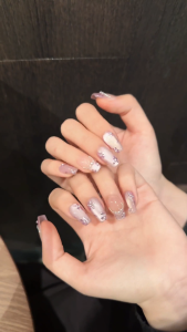 100% handmade press-on nails elegant purple cat effect with hand painted flora