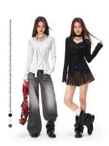 Apea | Pseudo Two-piece Stripe Knitted V-neck Double Breasted Waist-defining Flattering Ribbon Top