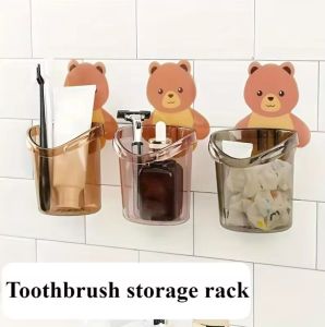 【XZxinzhan】Cute Bear Cup Toothbrush Holder Wall-mounted Storage Cup Adhesive Storage Wall-mounted Sticky Cup Holder Drain Bathroom Wall Bathroom Accessories