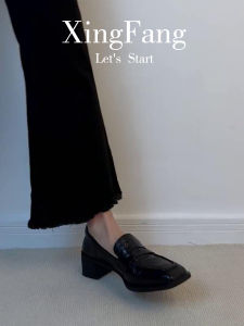 Black British Style Leather Loafers Womens Fashion Single Shoes Versatile Square Head Thick Heel Easy to Wear Daily Shoes