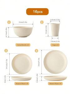 4/16/24pcs Plastic Dinnerware Set  Reusable Cup Plate And Bowl Set Suitable For Camper Camping Picnic Dormitory Beige