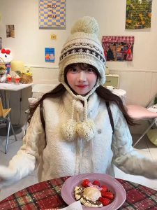 Warm Fleece Lined Knitted Hat with Ear Loops And Ball for Women Winter Solid Color And Gradient Color Hat Sweet Cute Style