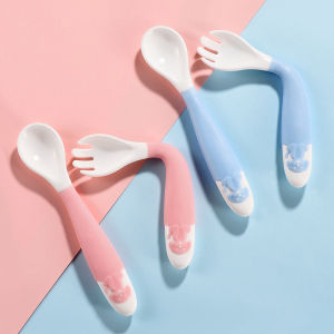 2pcs(1 Set) Bendable Self-feeding Heat Resistant BPA-Free Kids Baby Spoon & Fork Utensil Set with Case