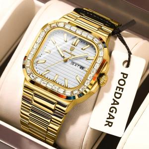 POEDAGAR Luxury Business Mens Wristwatch Waterproof Stainless Steel Luminous Man Watch Date Week Fashion Quartz Watches For Men