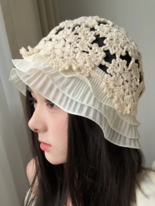 Young Ladies Summer Hat Embellished with Lace Thin Crochet Sunshade Cap Sweet Cute Style Cotton Geometric Color Block Design