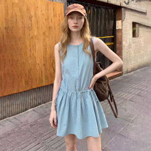 Sleeveless Light Blue Commuter Dress With Drawstring Waist And Single Row Buttons
