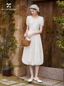 XIANGYING | Bud Style Waist-cinching Short Sleeve Cotton Mid-length Dress New Style