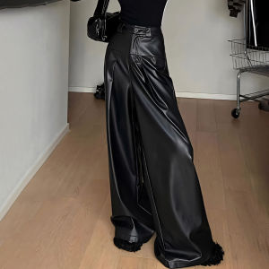 Elegant High Waist PU Leather Wide Leg Pants Womens Black Casual Fashionable Versatile Autumn 2024 plus Size Straight Cut