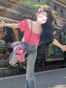 Rose Pink off-Shoulder Sweet and Spicy Small Top Womens Summer Dopamine Wear Younger Slim-Fit Short Puff Sleeve Shirt