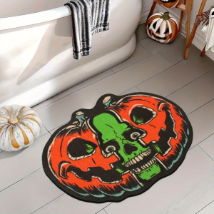 VIKAMA Spooky Pumpkin Skull Irregular Rug Water Absorbent Non Slip Mat Halloween Bathroom Living Room Party Decor Carpet