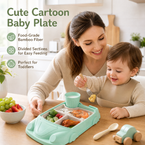 Creative Car Shaped Bamboo Fiber Baby Feeding Bowl Food Grade Cartoon Complementary Food Dish Divide Grids Bento Lunch Box Sets