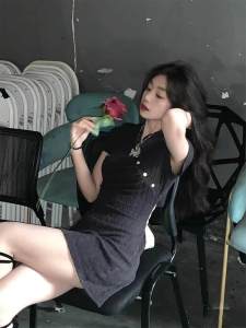 Black Butterfly Belted Spicy Girl Pure Desire Waist Exposed Bodycon Dress Short Skirt Commute Style Short Sleeve Summer Dress