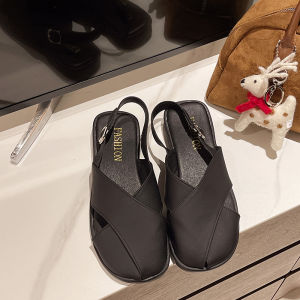 Retro Roman Sandals Womens Summer Outdoor Wear Flat Bottom French Style Fairy Versatile Cross Buckle Low Heel PU Material