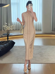 Elegant Unique Chic Summer New Style Long Sleeveless Dress Waist-Cinched Apricot Color Slimming High Waist Commute Style