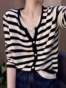 Elegant False Two-Piece Knitted Top Stripe Long Sleeve
